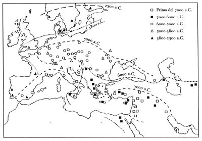 Carta di diffusione delle prime comunit&agrave; neolitiche in Europa